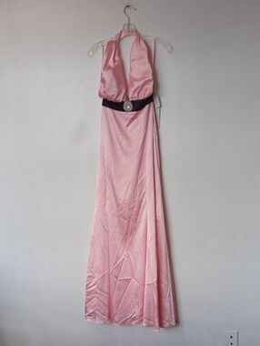 Vintage Elegant Pink Halter Evening Gown with Black Waist Accent
